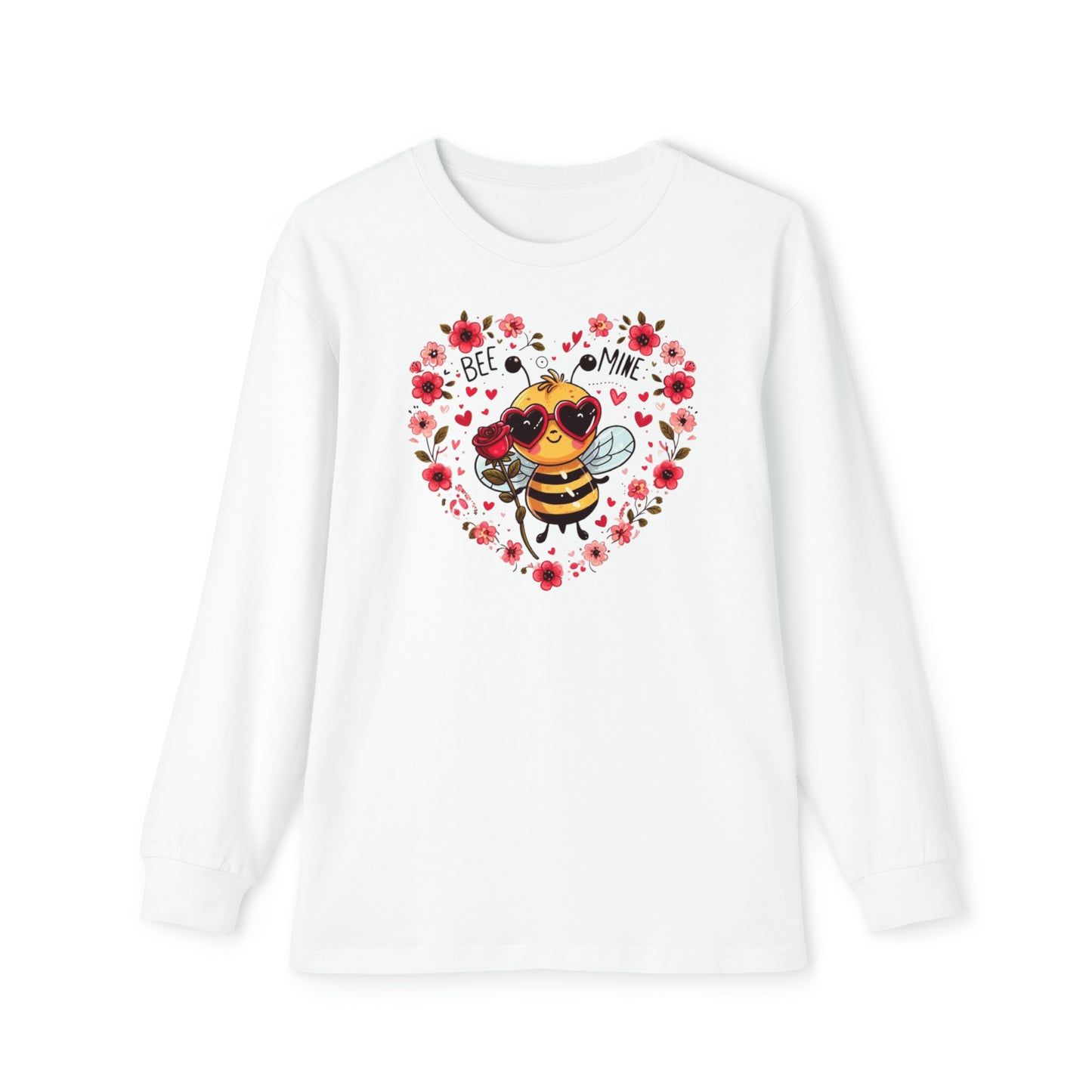 Whimsical Bee Love: Heartfelt Valentines Design with Floral Accents and Heart Sunglasses - Youth Long Sleeve Holiday Outfit Set