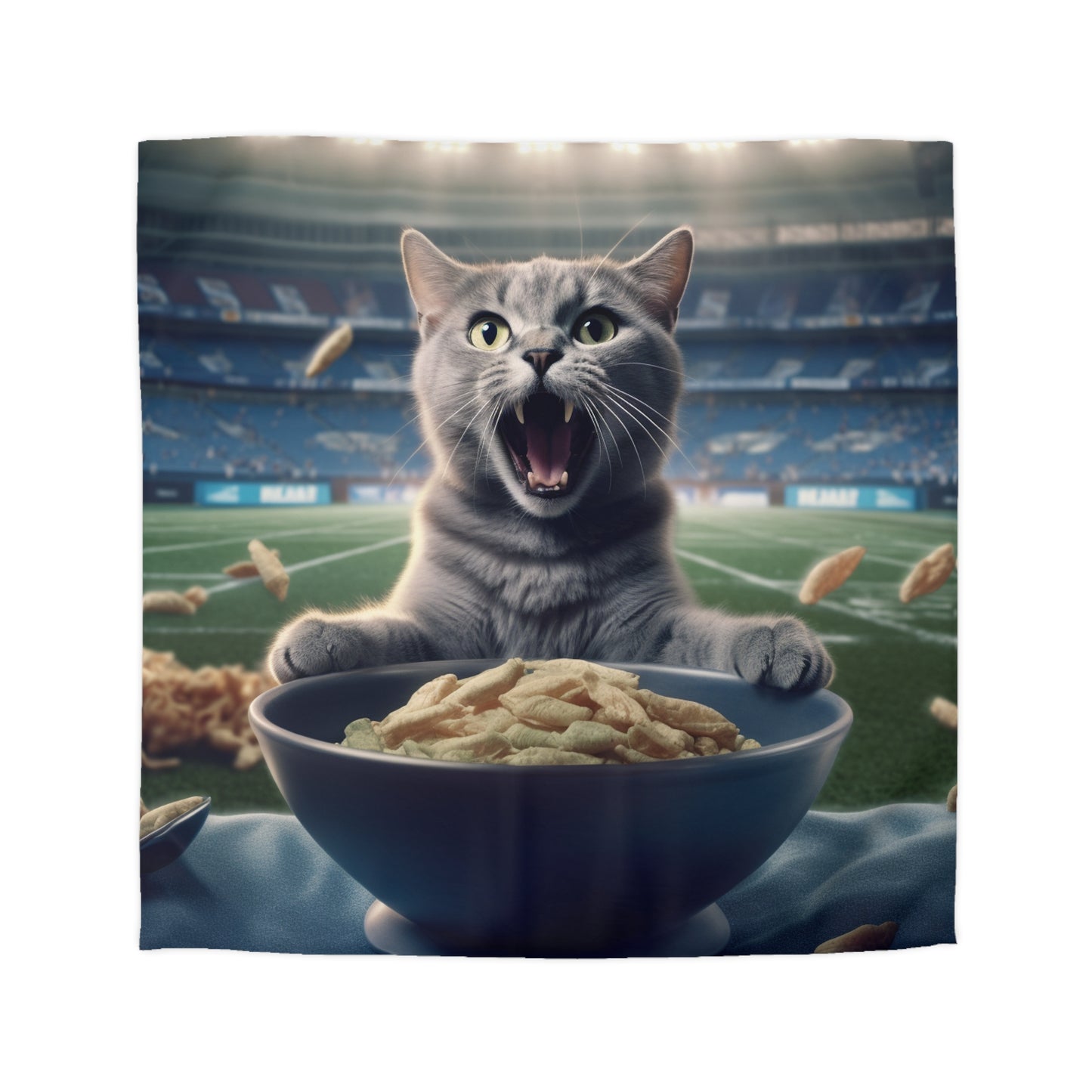 Felino de fútbol de entretiempo: gatito que grita, aficionado a los deportes, gato, comida en el estadio, funda nórdica de microfibra