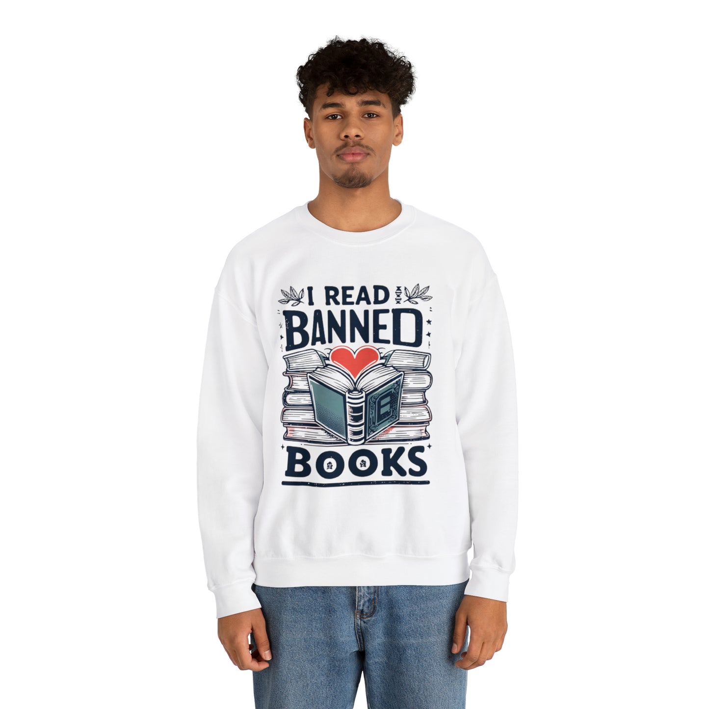 I Read Banned Books - Heartfelt Love for Literature Illustration - Unisex Heavy Blend™ Crewneck Sweatshirt