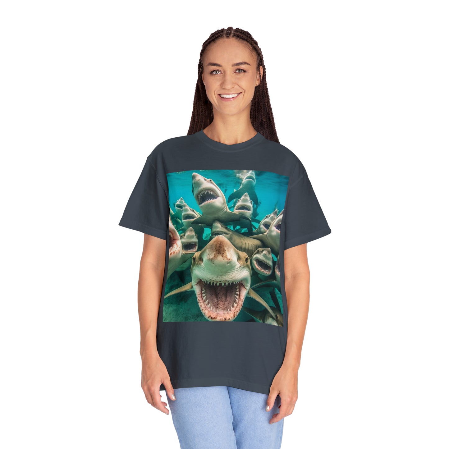 Laughing Lemon Sharks: Joyful Sea Jaws Ocean Deep - Unisex Garment-Dyed T-shirt