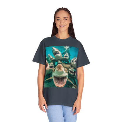 Laughing Lemon Sharks: Joyful Sea Jaws Ocean Deep - Unisex Garment-Dyed T-shirt