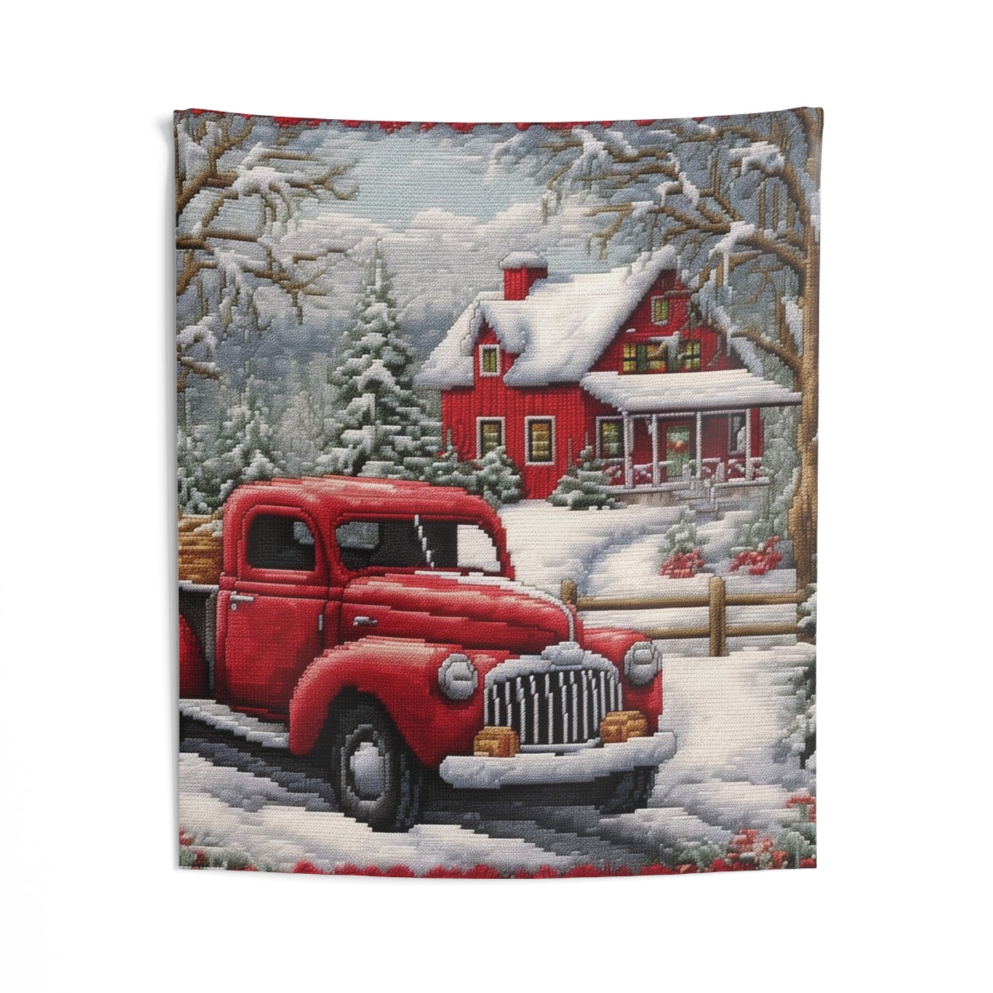 Red Truck Christmas Embroidery: Needlepoint Festive Winter Scene Threadwork - Indoor Wall Tapestries