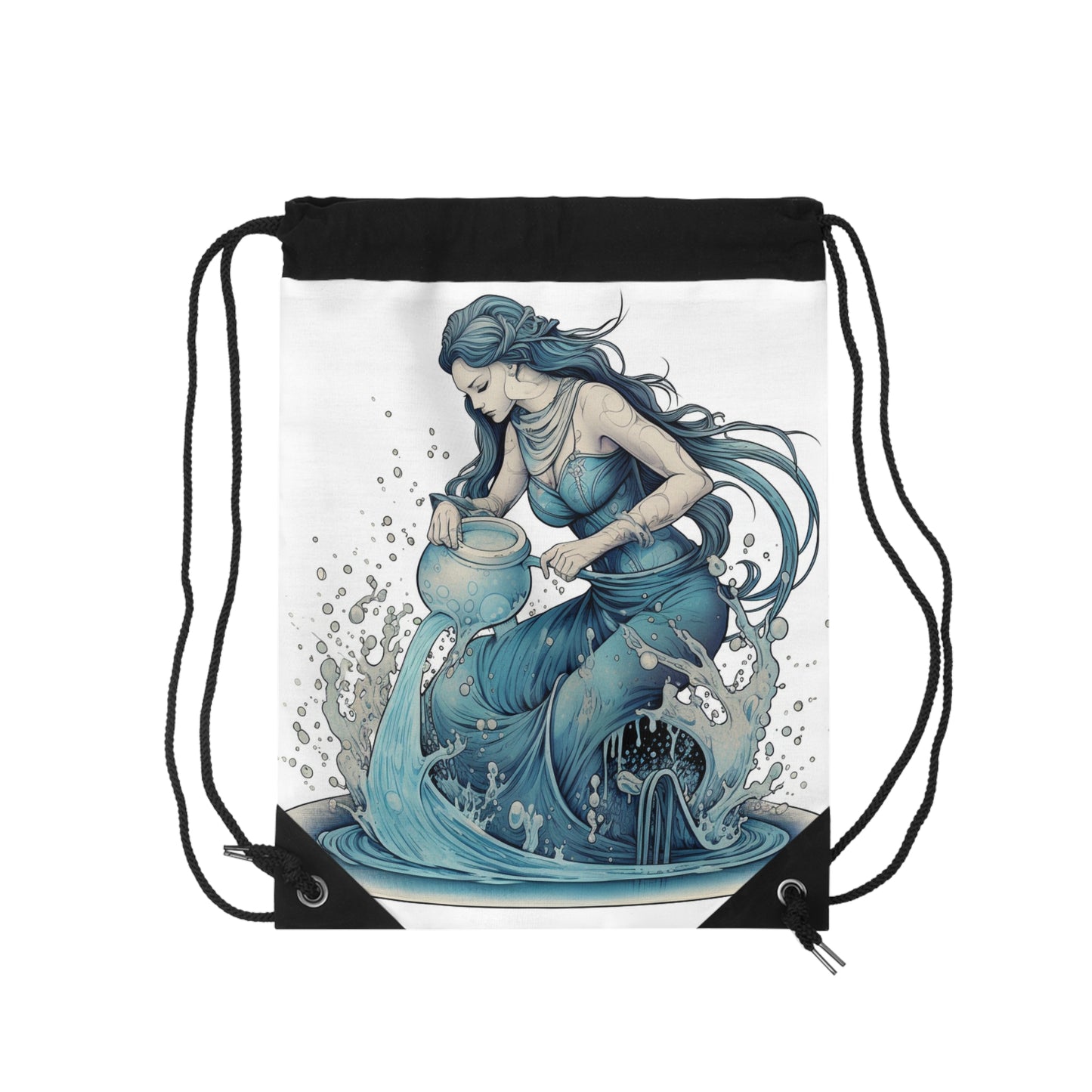 Aquarius Zodiac Symbol - Girl Pouring Water, Hand-Drawn Style - Drawstring Bag