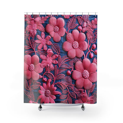 Denim Blue Doll Pink Floral Embroidery Style Fabric Flowers - Shower Curtains