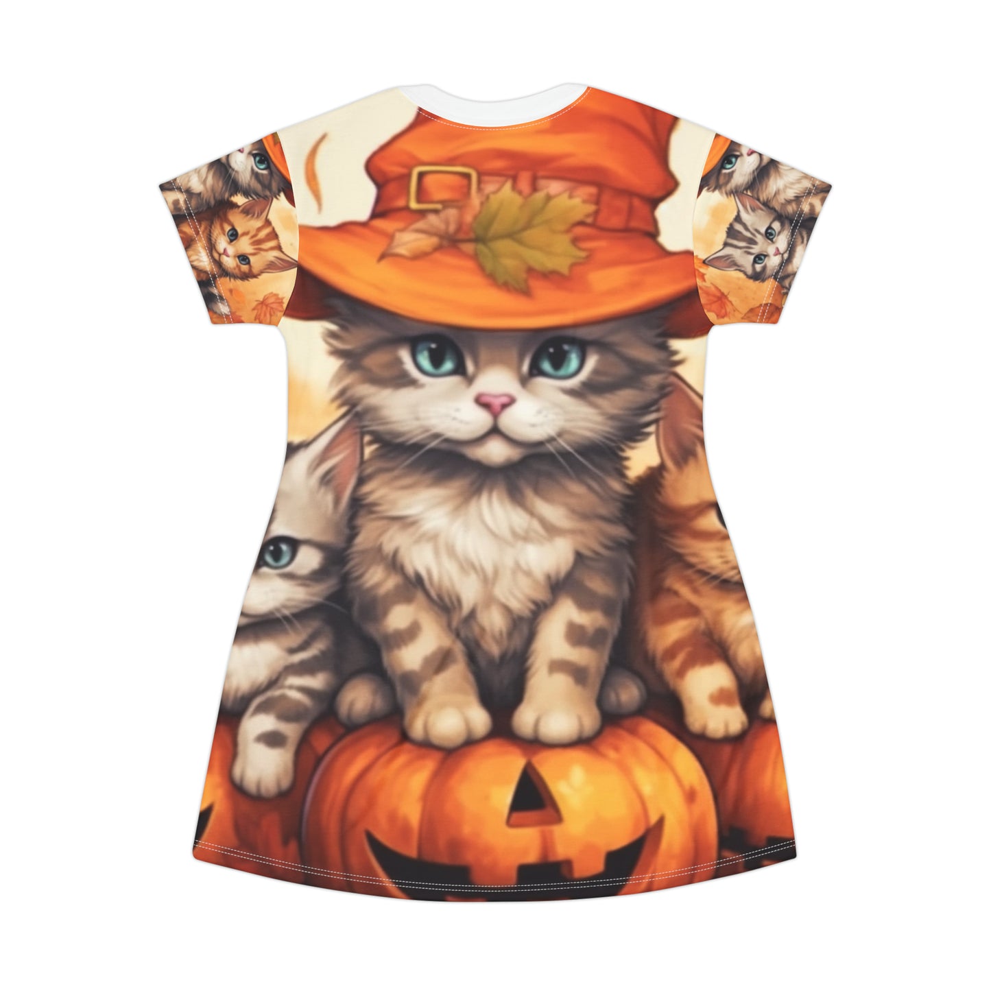 Kitty Cat Kittens Halloween - Cute Furries on Pumpkin - Festive Feline Decor - T-Shirt Dress (AOP)