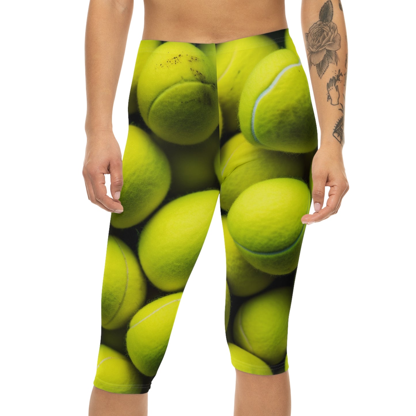 Tennis Ball Sport: Athlete Court Action, Rally & Serve - Women’s Capri Leggings (AOP)