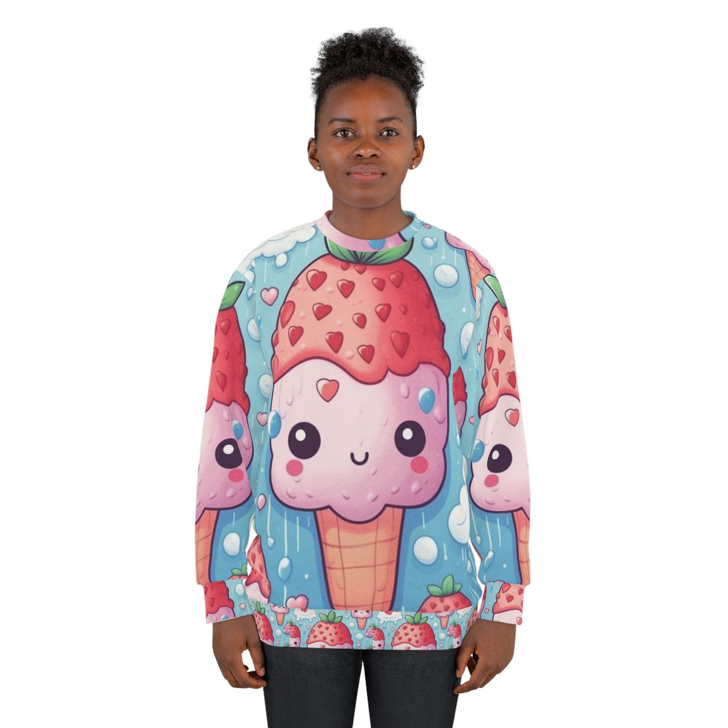 Cono de helado de fresa Kawaii - Delicia de postre de anime japonés tradicional - Regalo Otaku de bayas dulces - Sudadera unisex (AOP) 