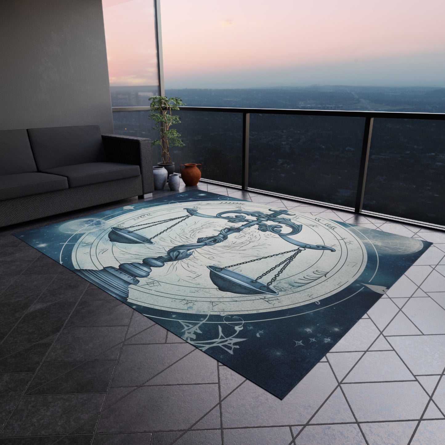 Blue Tones Libra Zodiac Cosmic Astro - Balance Scale & Symbols - Outdoor Rug