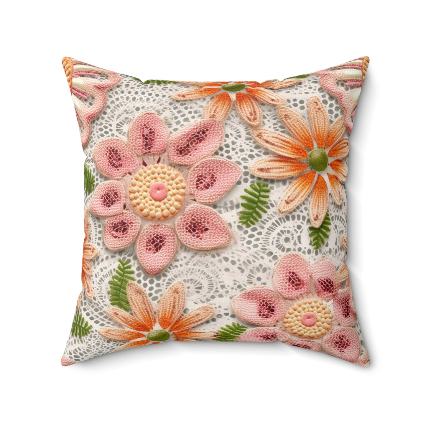 Floral Embroidered Eyelet: Delicate Flower Elegant Pattern - Spun Polyester Square Pillow