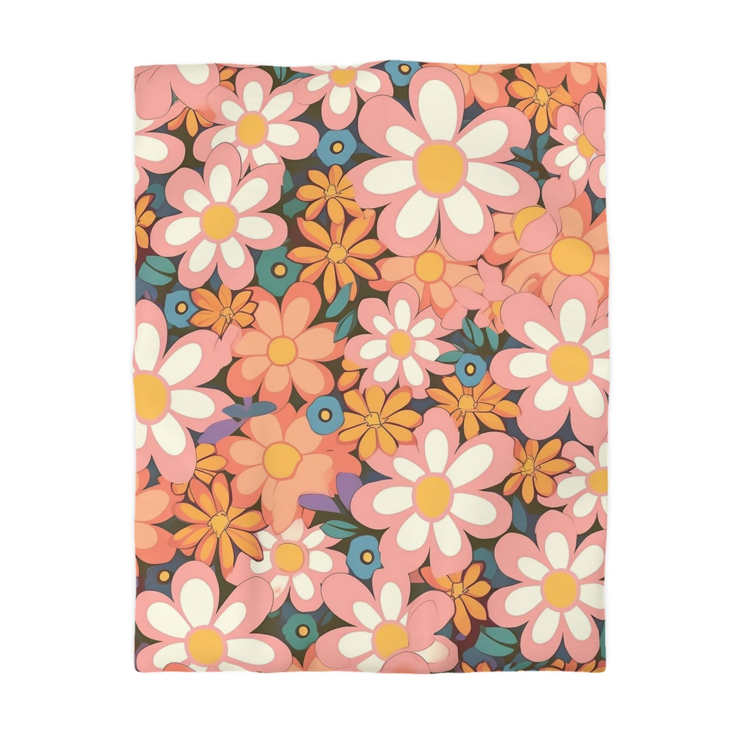 Groovy 1960s 1970s Pink & Orange Daisy Mod Floral - Microfiber Duvet Cover