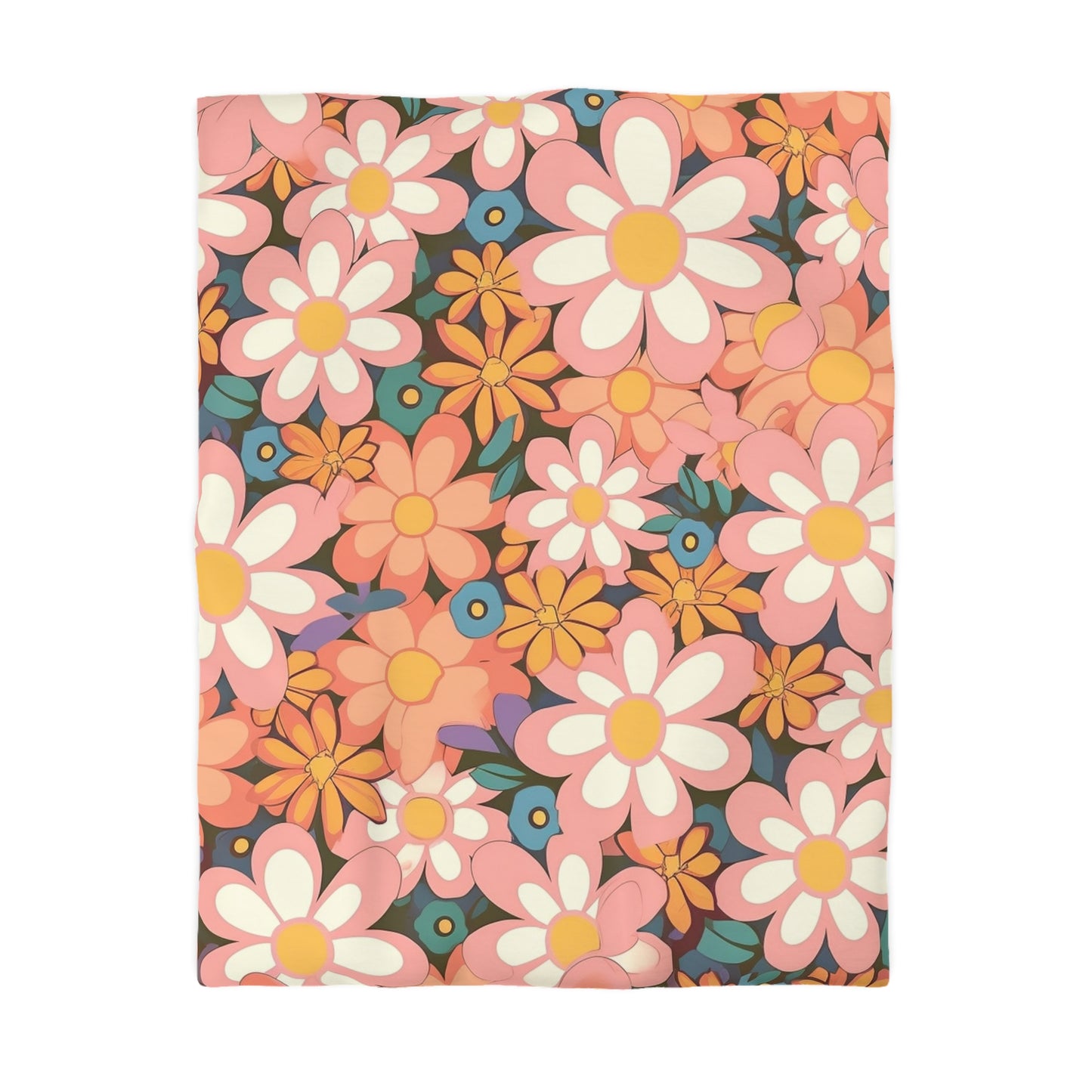 Groovy 1960s 1970s Pink &amp; Orange Daisy Mod Floral - Funda nórdica de microfibra