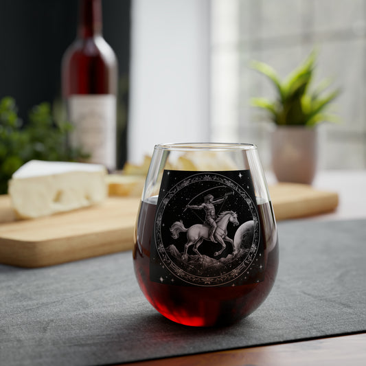 Sagittarius Zodiac - Clear Glass Stemless Wine Glass, 11.75oz - Solid Base - Unique Black & White Celestial Design