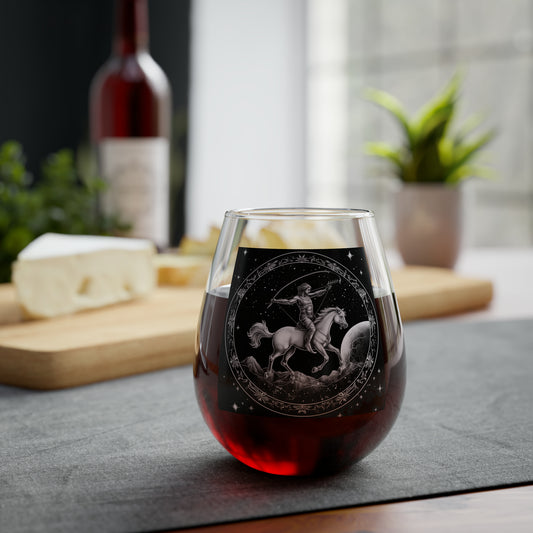 Sagitario Zodiac - Copa de vino sin tallo de vidrio transparente, 11.75 oz - Base sólida - Diseño celestial único en blanco y negro