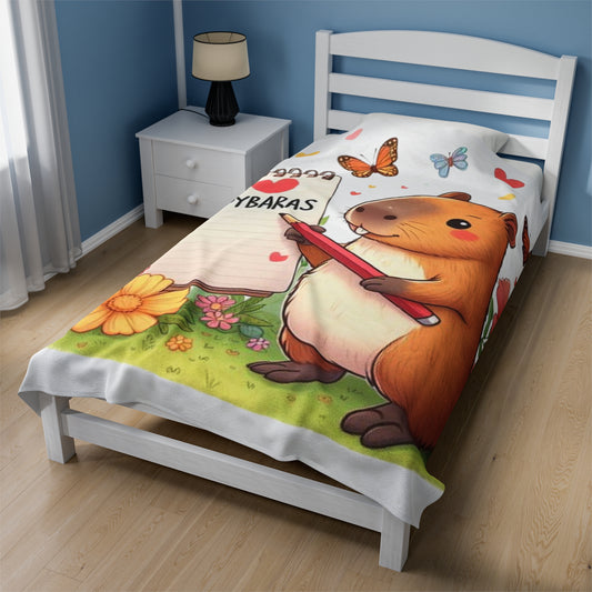 Capybara Holding Pencil and Notepad with I Love Capybaras, Cute Rodent Surrounded by Flowers and Butterflies, Velveteen Plush Blanket