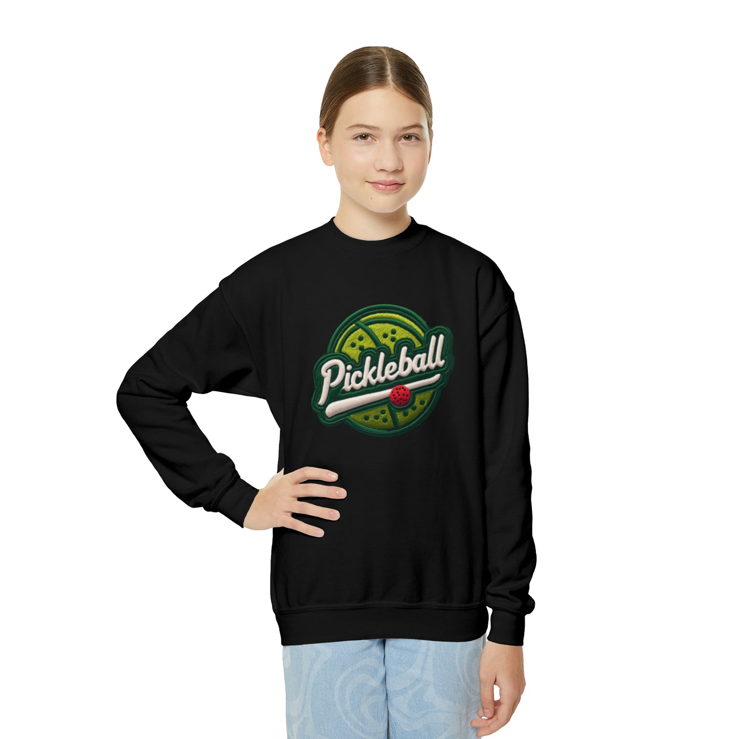 Pickleball Sport Embroider - Chenille Patch Badge - Youth Crewneck Sweatshirt