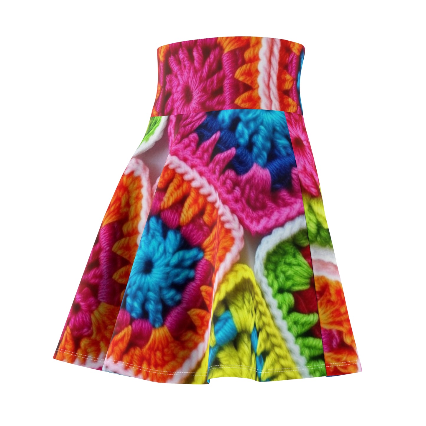 Crochet Granny Square, Summer Cotton, Patchwork, Retro Floral Design, Crochet Cotton - Women's Skater Skirt (AOP)