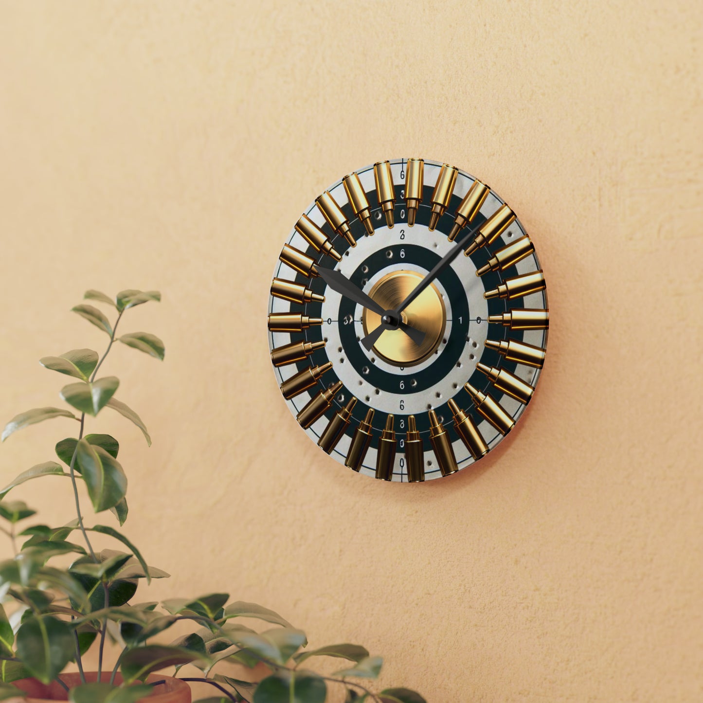 Reloj de pared acrílico con bala y cilindro de revólver, reloj de precisión de tirador, decoración de pared para amantes de las armas, reloj estético de campo de tiro 