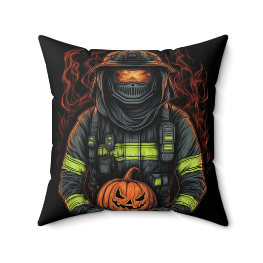 Firefighter Spooky Alert: Facing Haunted Halloween Spirits Scary Fire Pumpkin - Spun Polyester Square Pillow