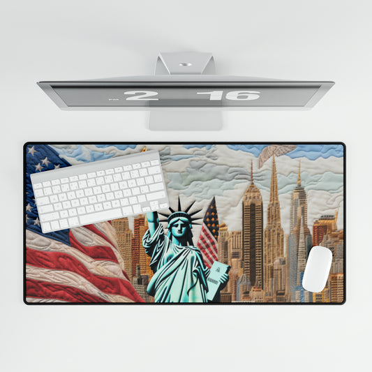 American Dream, Patriotic Cityscape, Iconic New York, Statue of Liberty and Flag - Desk Mats