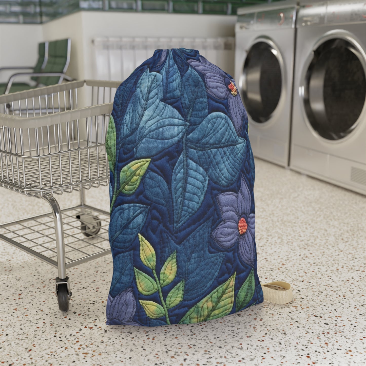 Floral Embroidery Blue: Denim-Inspired, Artisan-Crafted Flower Design - Laundry Bag