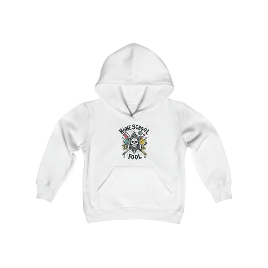 Home School Fool - Academic Skull Crest with Books and Globe, Educational Emblem, Scholarly Gothic - Youth Heavy Blend Hooded Sweatshirt