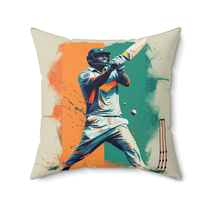 Cricket Batsman, Ball Strike, Indian Flag Color Background - Street Style - Spun Polyester Square Pillow