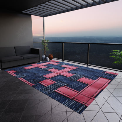 Candy-Striped Crossover: Pink Denim Ribbons Dancing on Blue Stage - Outdoor Rug