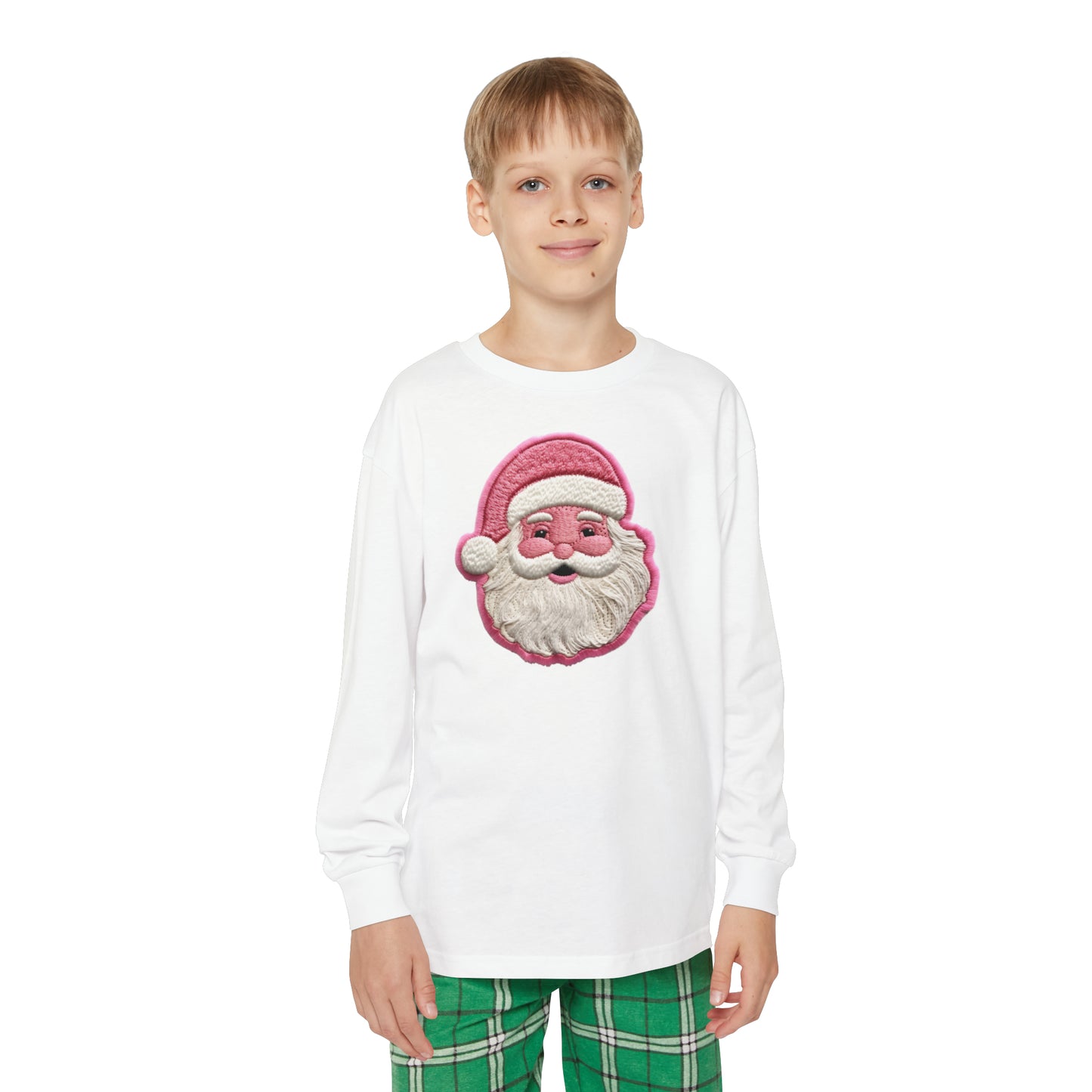 Pink Santa Chenille Patch Christmas Design - Youth Long Sleeve Holiday Outfit Set