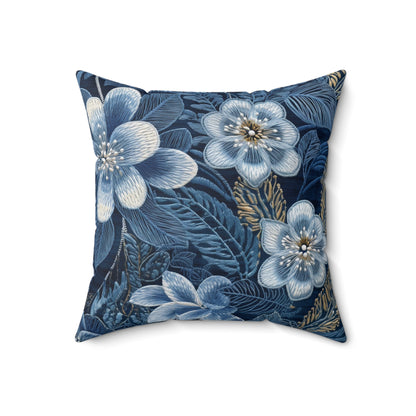 Flower Blossom Embroidery Floral on Denim Style - Spun Polyester Square Pillow