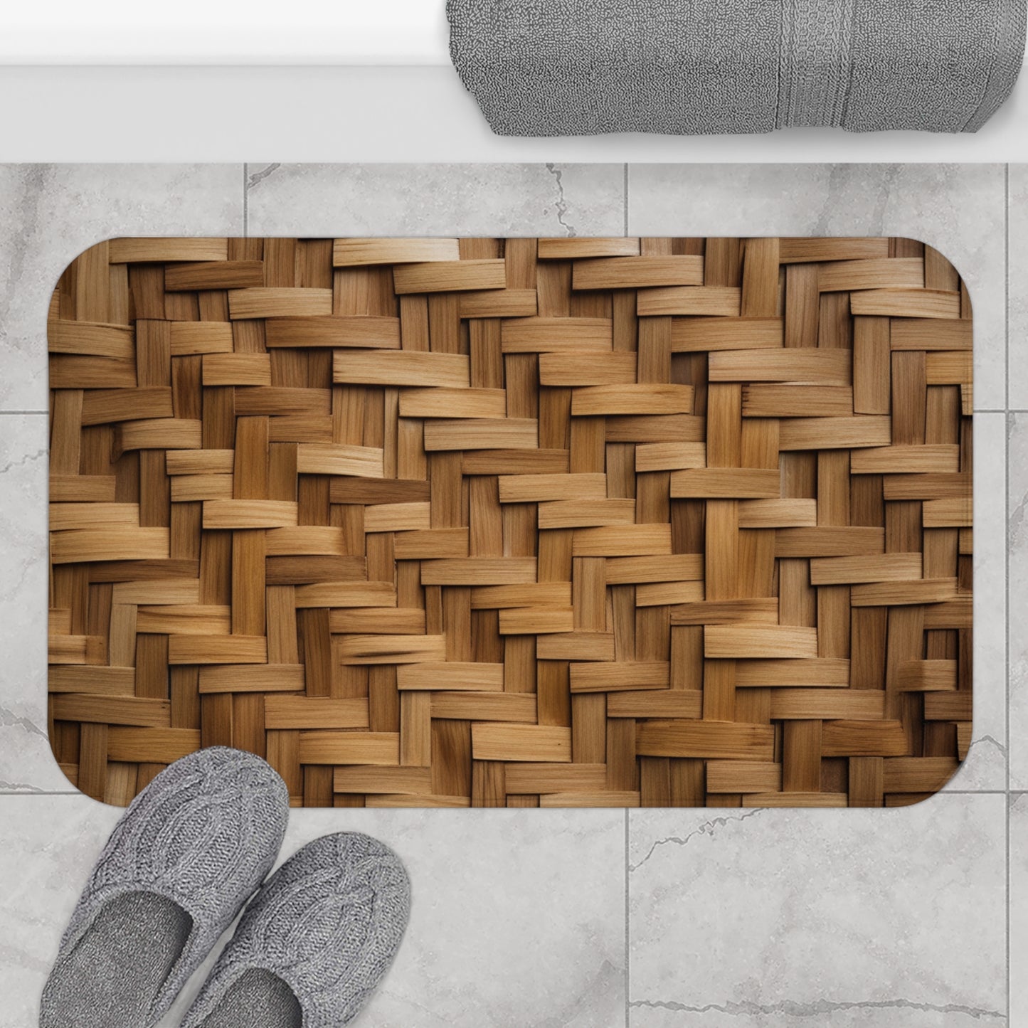 Juego de toallas y alfombrilla de baño de diseño de bambú de lujo, alfombrilla de ducha de bambú antideslizante y resistente al agua con toalla de mano, baño y cocina