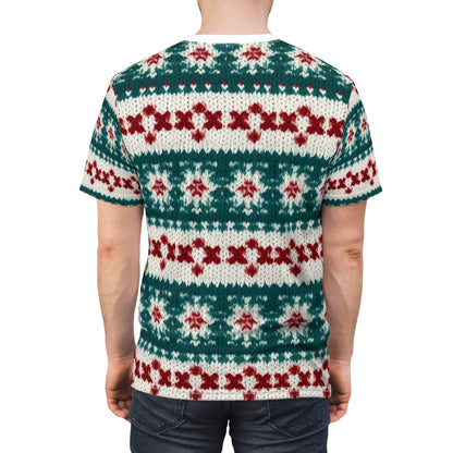 Christmas Knit Crochet Holiday, Festive Yuletide Pattern, Winter Season - Unisex Cut & Sew Tee (AOP)