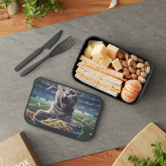 Halftime Football Feline: Screaming Sports Fan Cat Stadium Food Kitten - PLA Bento Box with Band and Utensils