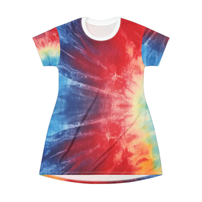 Denim Rainbow Tie-Dye: Espectáculo de diseño de tela multicolor vibrante - Vestido tipo camiseta (AOP) 