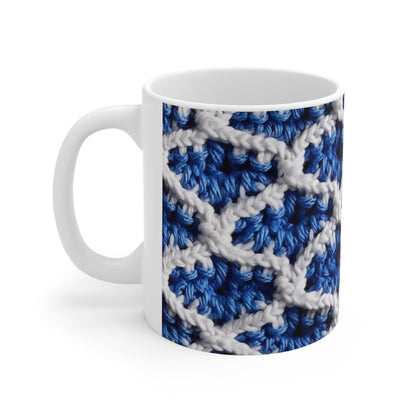 Blueberry Blue Crochet, White Accents, Classic Textured Pattern - Ceramic Mug 11oz