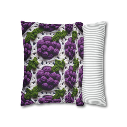 Crochet Grapes Pattern - Granny Square Design - Fresh Fruit Pick - Orchard Purple Snack Food - Spun Polyester Square Pillow Case