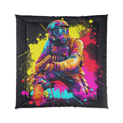 Deporte de acción de paintball: jugador en batalla, salpicaduras de pintura - Cama Colcha 