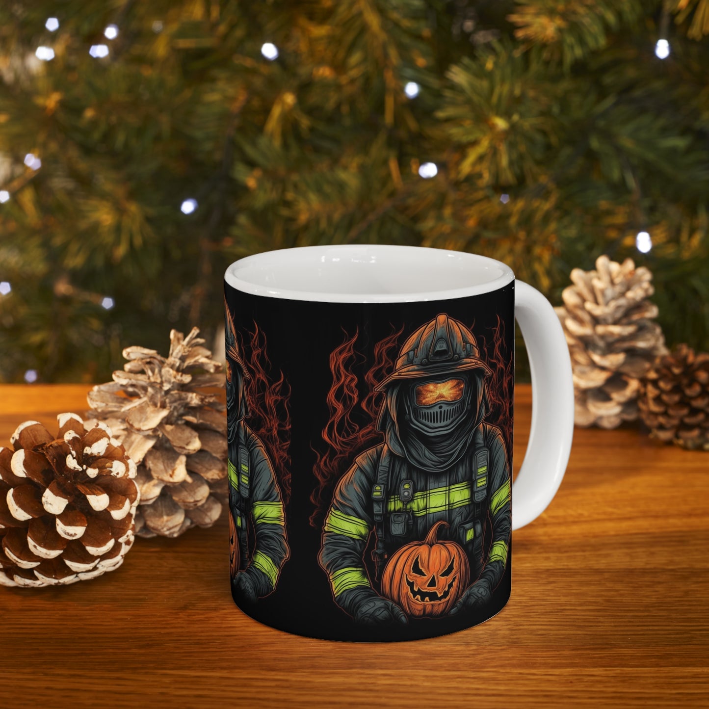 Firefighter Spooky Alert: Facing Haunted Halloween Spirits Scary Fire Pumpkin - Ceramic Mug 11oz