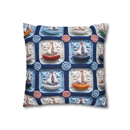 Crochet Boat Ship Sea Vessel Ocean Beach Travel Yacht Design - Spun Polyester Square Pillow Case