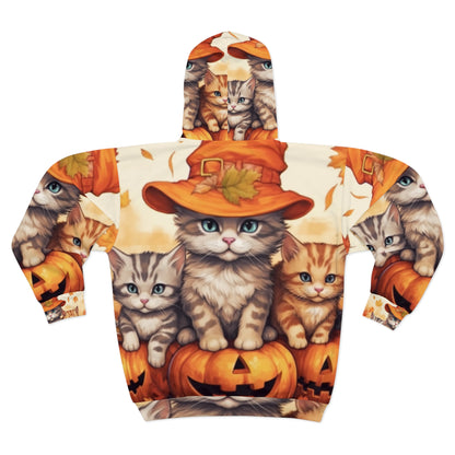 Kitty Cat Kittens Halloween - Cute Furries on Pumpkin - Festive Feline Decor - Unisex Zip Hoodie (AOP)