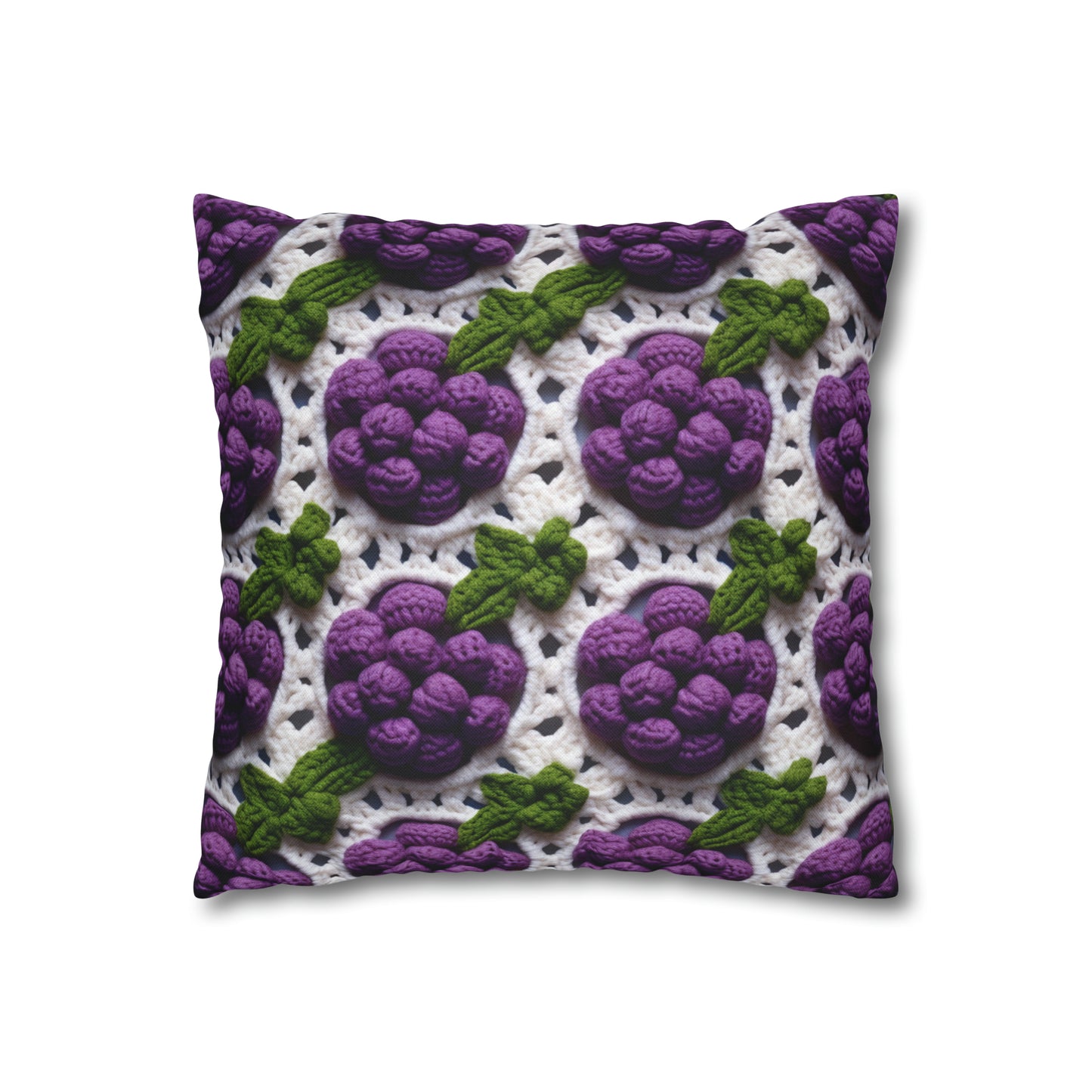 Crochet Grapes Pattern - Granny Square Design - Fresh Fruit Pick - Orchard Purple Snack Food - Spun Polyester Square Pillow Case