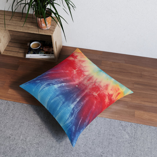 Rainbow Tie-Dye Denim: Vibrant Multi-Color, Fabric Design Spectacle - Tufted Floor Pillow, Square