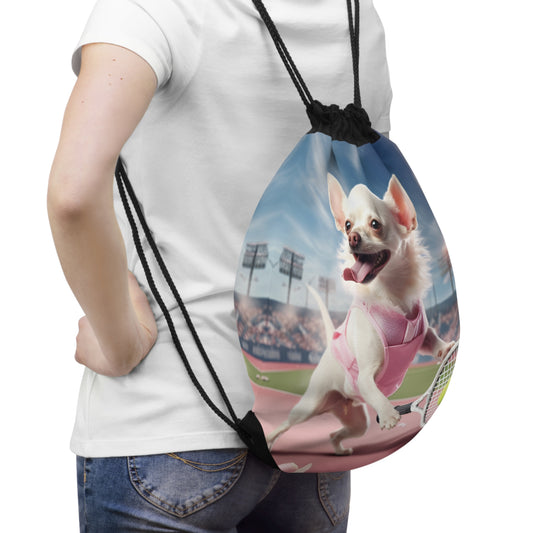 Chihuahua Tennis Ace: Dog Pink Outfit, Court Atheletic Sport Game - Drawstring Bag