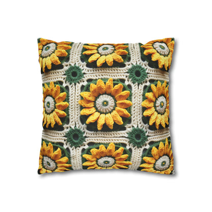 Sunflower Crochet Elegance, Granny Square Design, Radiant Floral Motif. Bring the Warmth of Sunflowers to Your Space - Spun Polyester Square Pillow Case