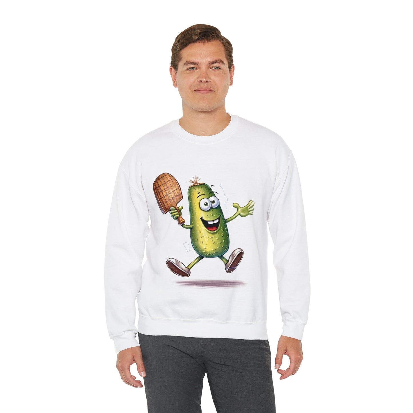 Pickle Player Action: Cartoon Swinging Pickleball Paddle - Sporty Charm - Unisex Heavy Blend™ Crewneck Sweatshirt