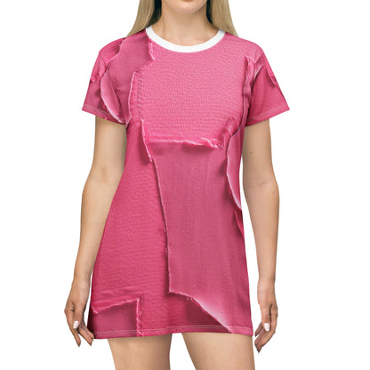 Distressed Neon Pink: Edgy, Ripped Denim-Inspired Doll Fabric - T-Shirt Dress (AOP)