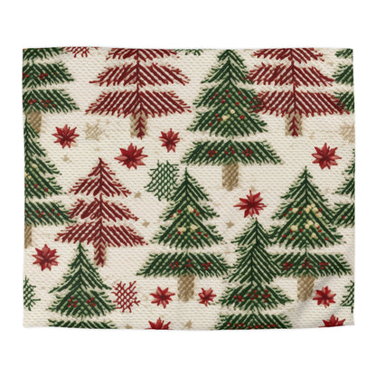 Embroidered Christmas Winter, Festive Holiday Stitching, Classic Seasonal Design - Microfiber Duvet Cover