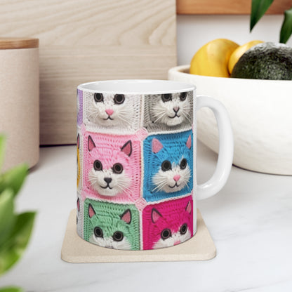 Crochet Cat, Summer Cotton, Feline, Retro Cat Cardigan, Kitten Crochet Cotton Creation - Ceramic Mug 11oz