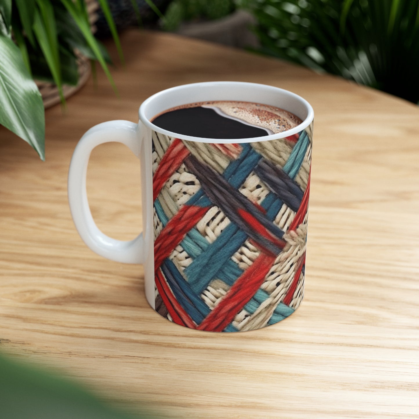 Colorful Yarn Knot: Denim-Inspired Fabric in Red, White, Light Blue - Ceramic Mug 11oz