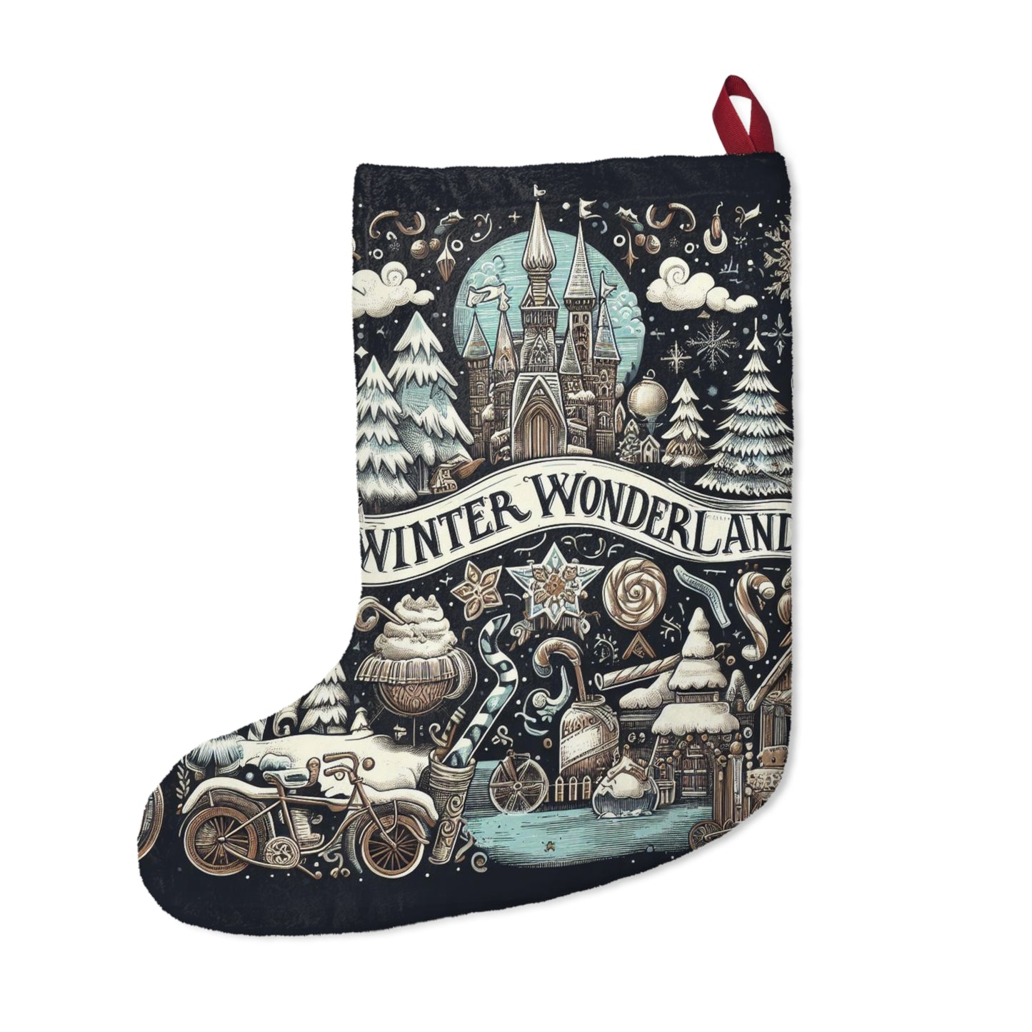 Winter Wonderland Enchantment: Nostalgic Christmas Snowscape with Majestic Castle and Festive - Christmas Stockings