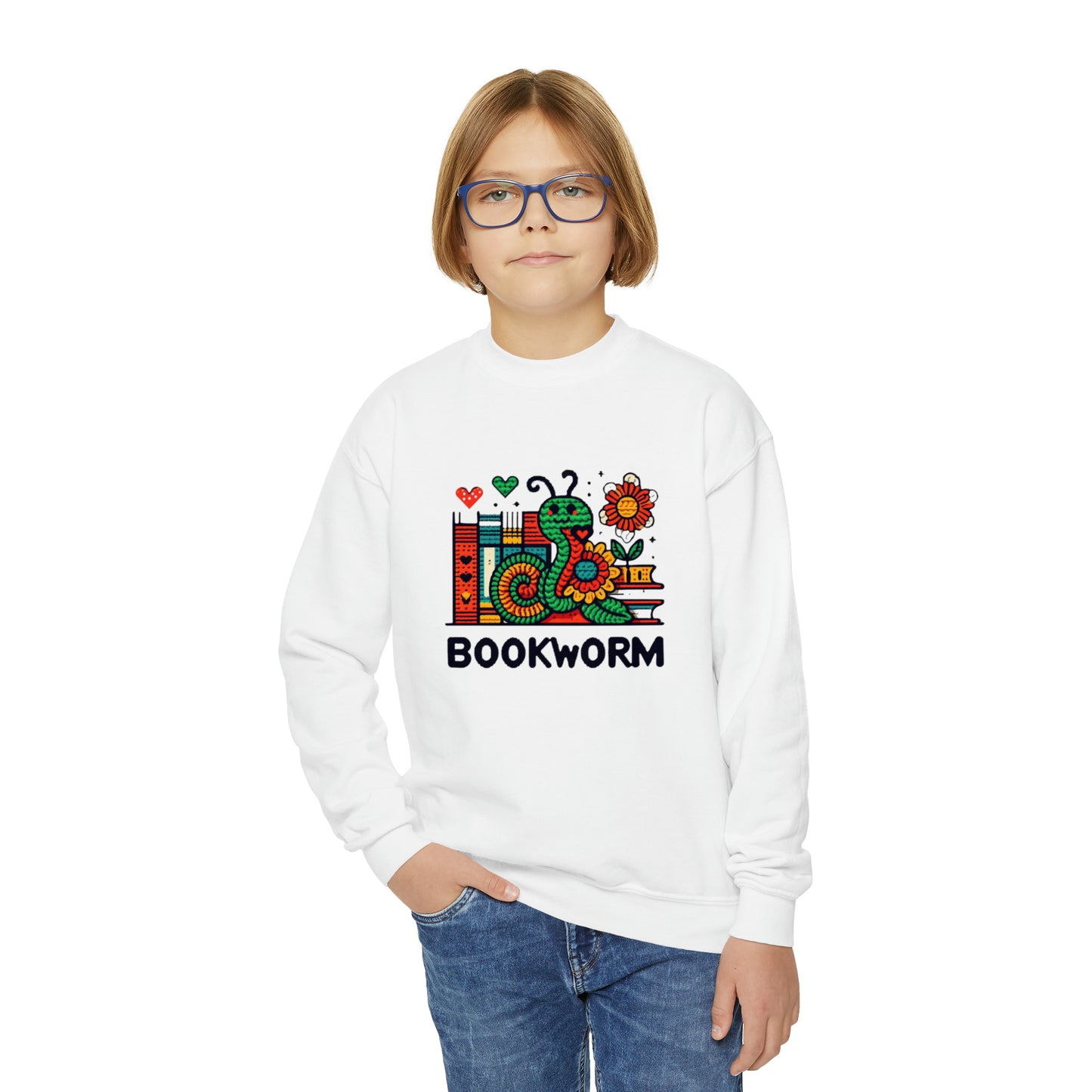 Bookworm Delight - Whimsical Book Lover Illustration, Colorful Reading Worm & Floral Books - Unique Reader's Gift - Youth Crewneck Sweatshirt